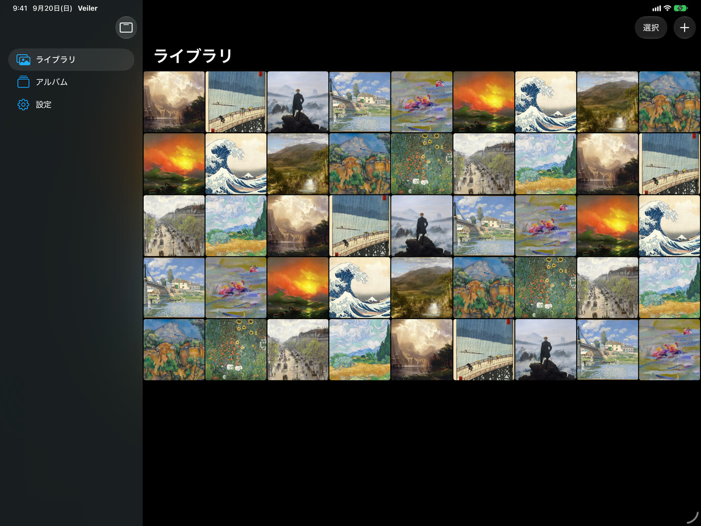 An iPad in landscape: a sidebar on the left, the library of stored photos on the right